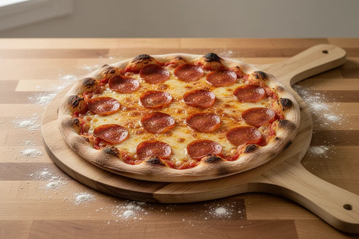 Freshly baked thin crust pizza with pepperoni on a wooden peel
