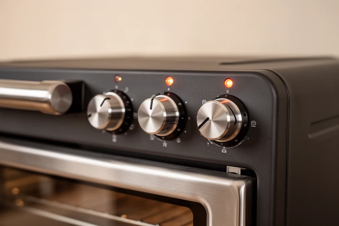 Hands adjusting the control dials on a countertop pizza oven