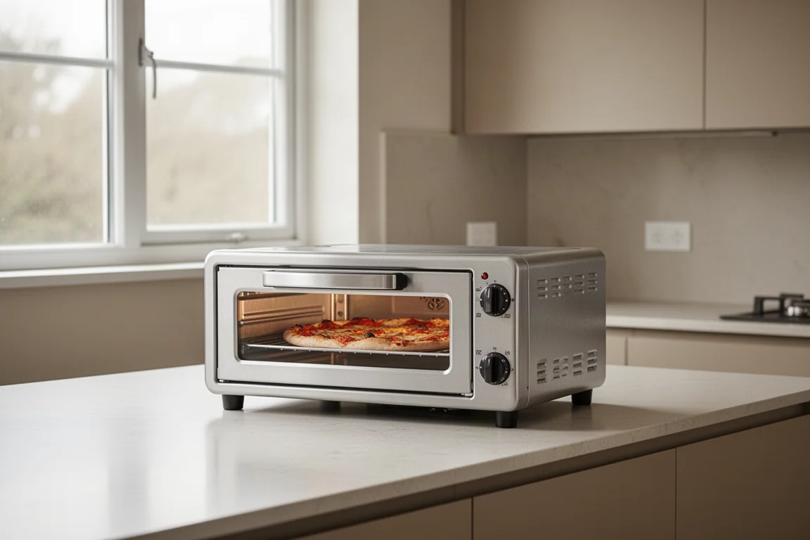 Compact pizza oven placed on a kitchen counter with space around it