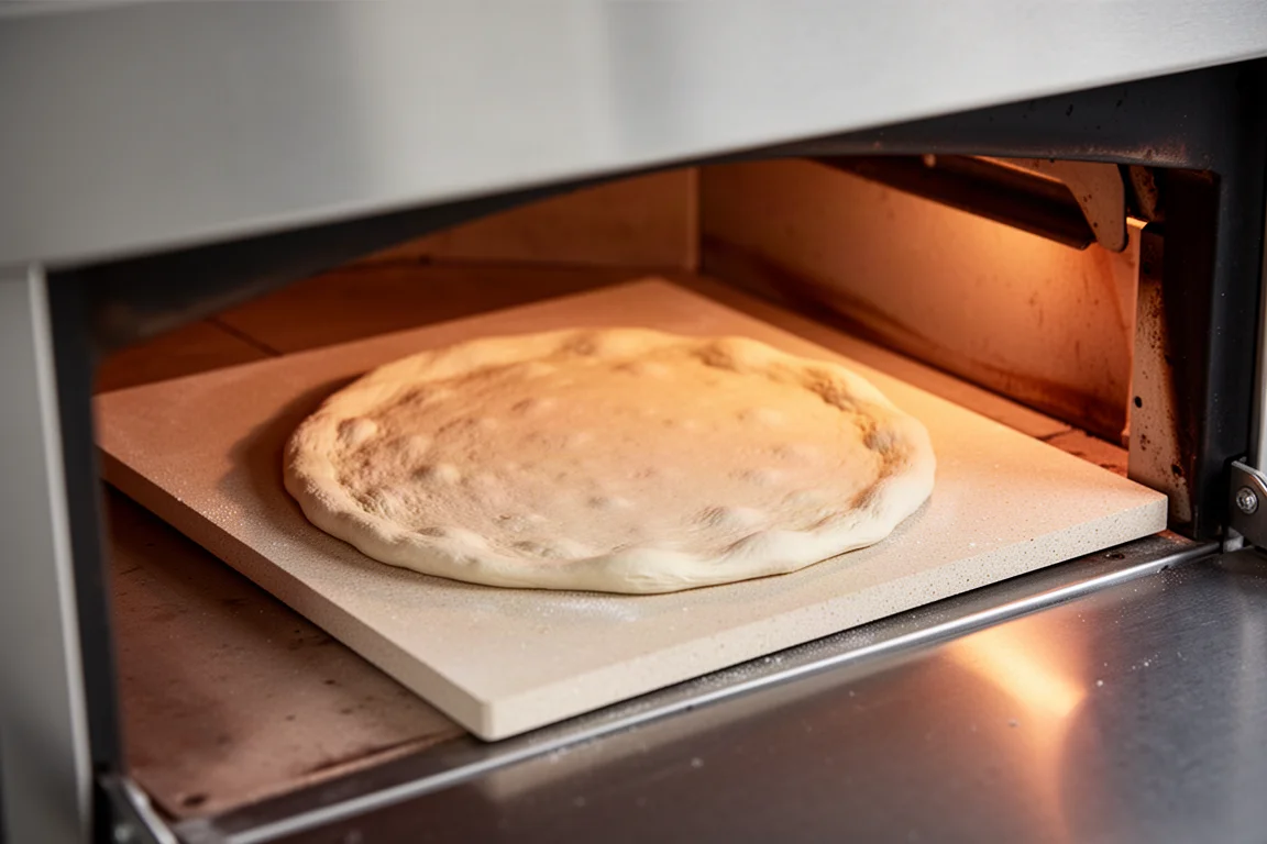 Square cordierite pizza stone inside a pizza oven seen from above