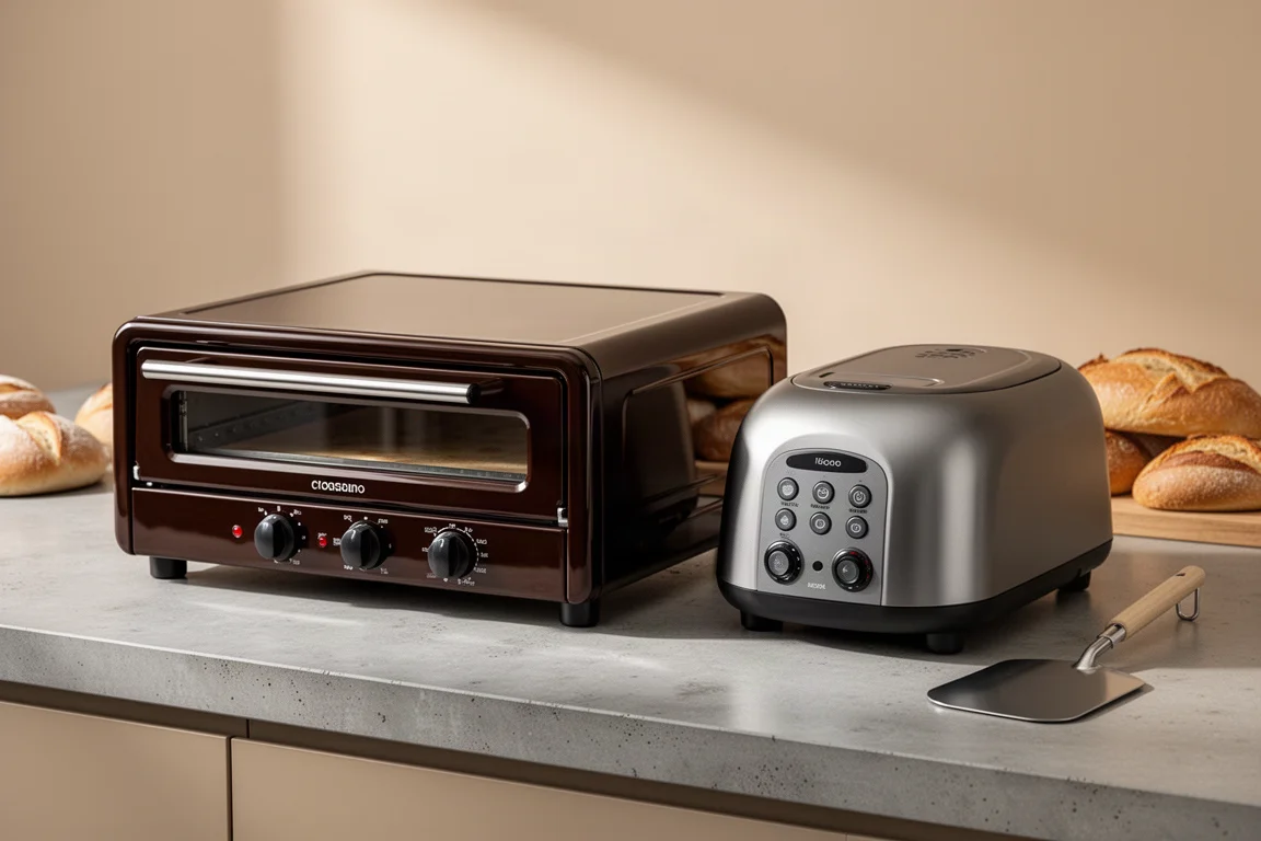 Ooni Volt and Breville Pizzaiolo countertop pizza ovens side by side on a kitchen counter