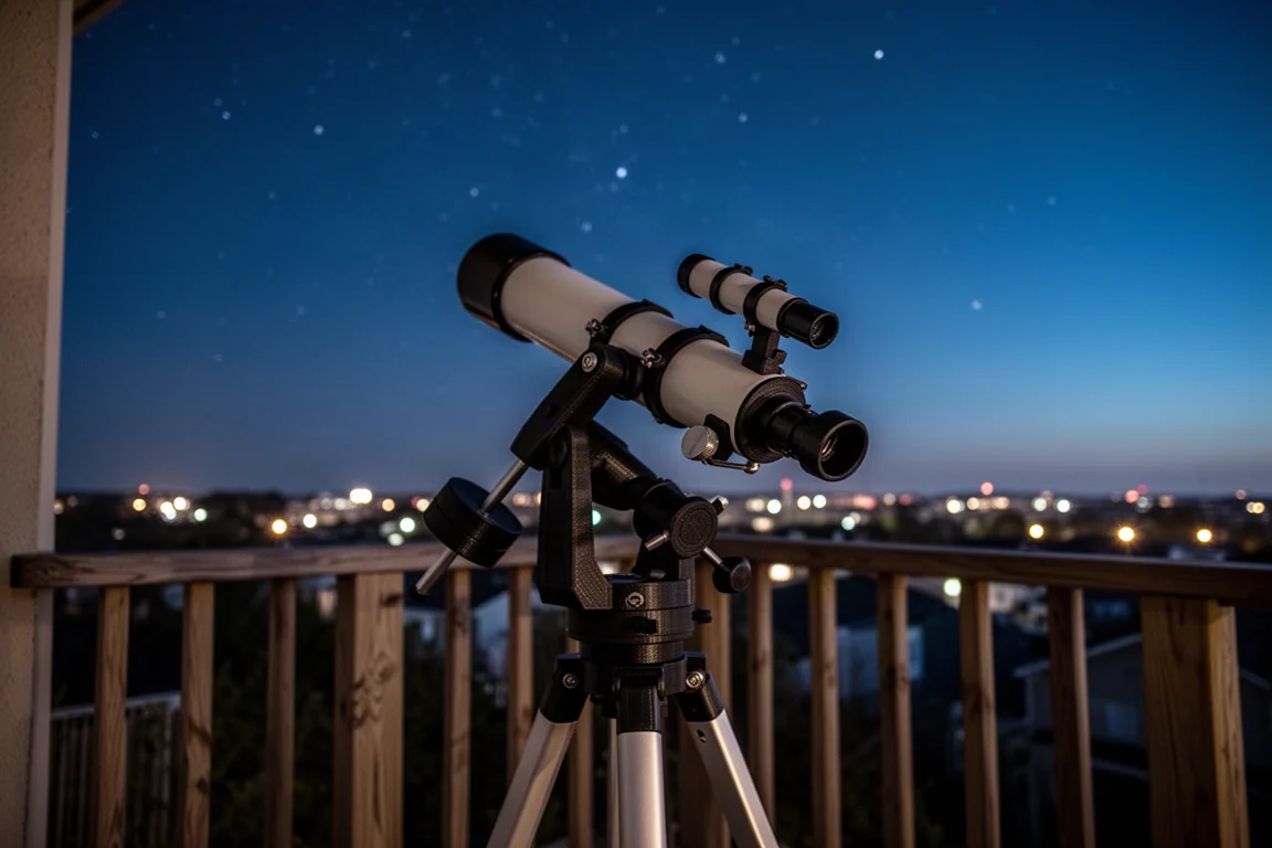夕暮れのバルコニーに設置された3Dプリントの天体望遠鏡マウントと、現れ始めた星々