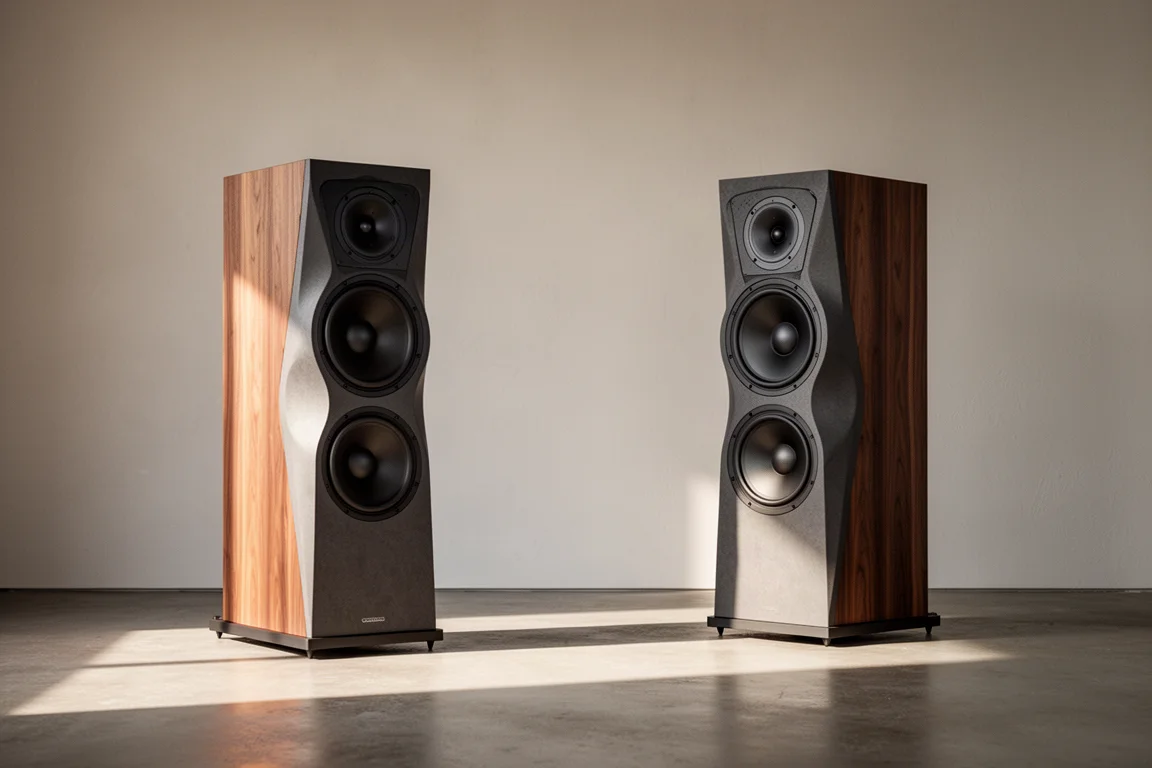 Minimalist listening room with two tall open baffle loudspeakers positioned away from the wall