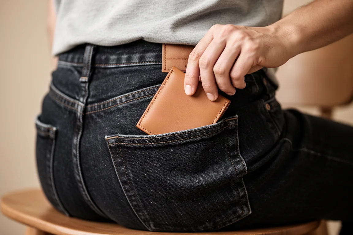 纖薄皮革錢包滑入深色牛仔褲的後口袋