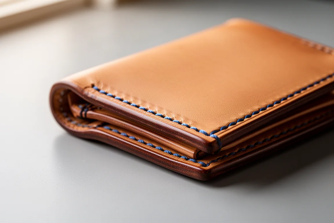 Nahaufnahme einer Lederbrieftasche aus Tan pflanzlich gegerbtem Leder mit sauberer Handnaht