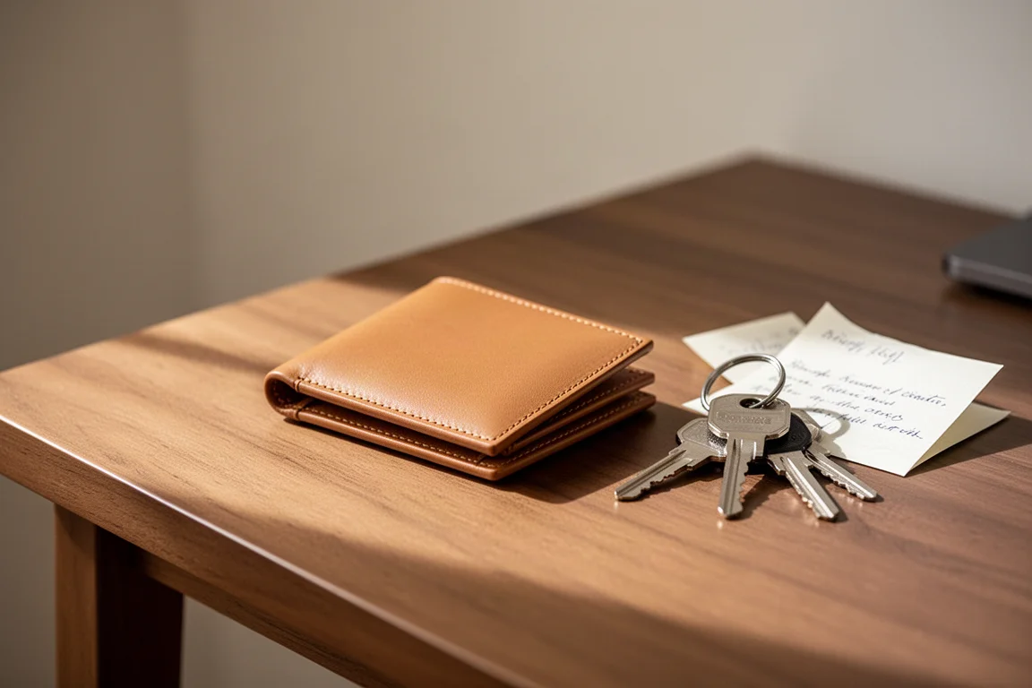 Minimale Lederbrieftasche auf einem Schreibtisch aus Holz neben Alltagsgegenständen