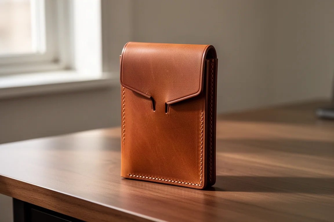Leren portemonnee in whiskey- en bordeauxkleur gesloten op een houten bureau bij daglicht
