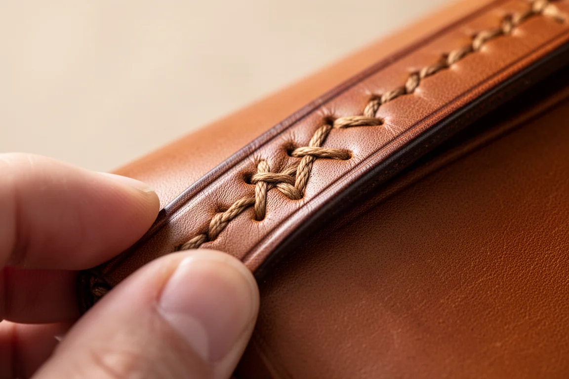 Detail van de handstiksel aan de rand van een leren portemonnee met kruissteekaccent