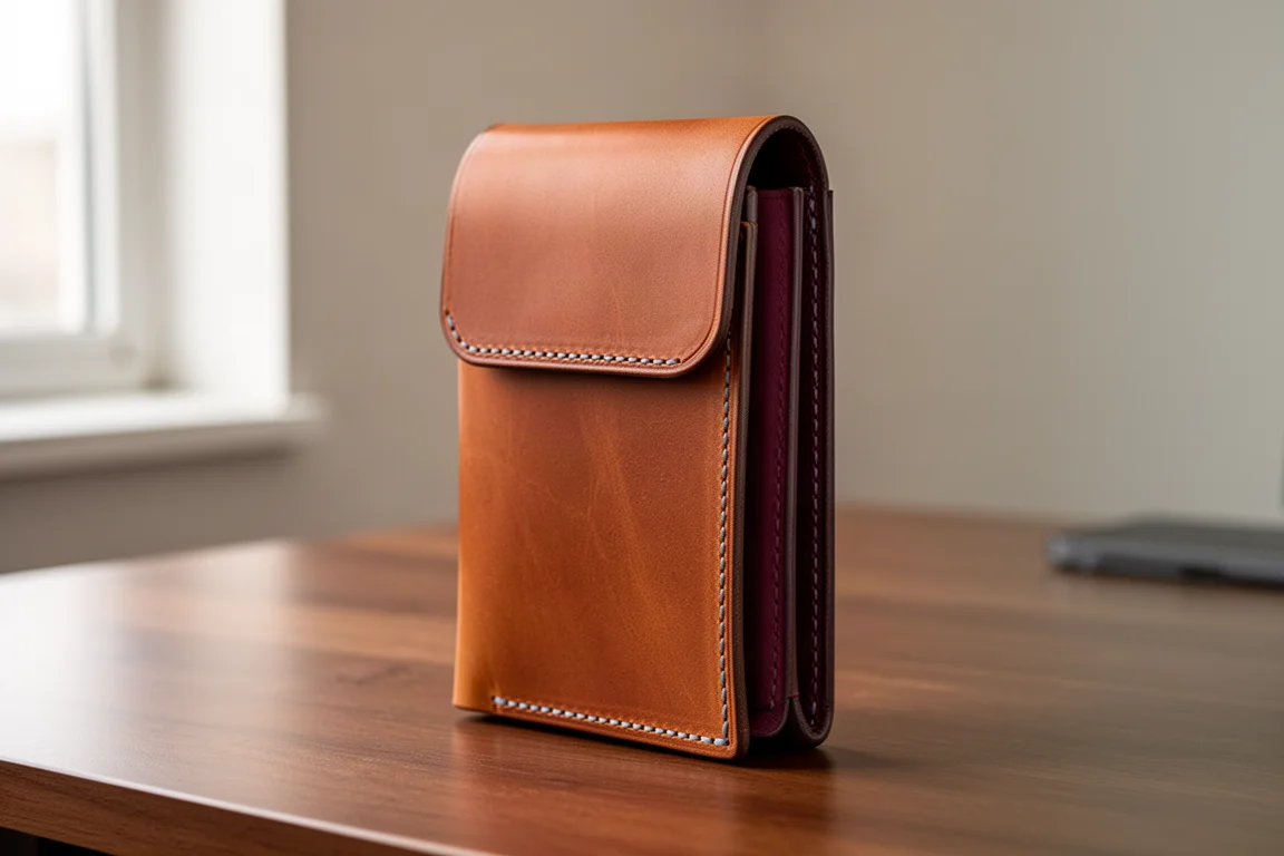 Whiskey-toned handmade leather minimalist wallet with top flap closed on a wooden desk