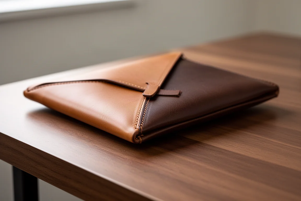 Two-tone leather envelope wallet held flat showing angled flap and stitching detail