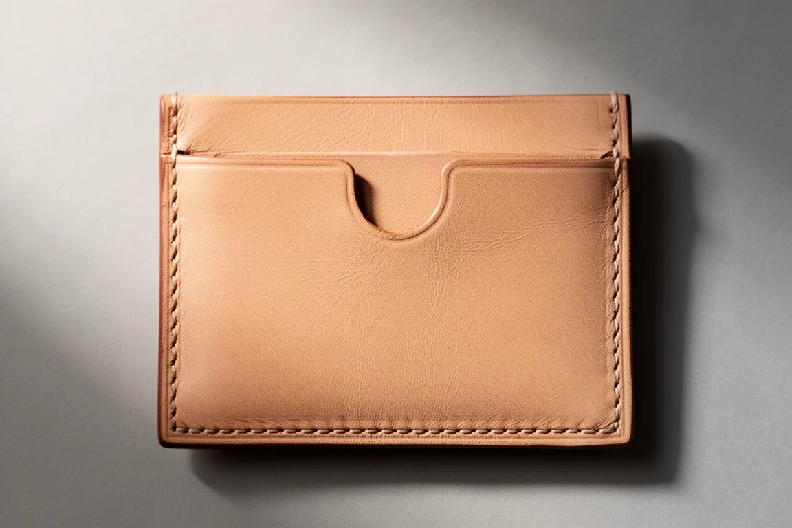 Back of a minimalist leather wallet showing quick-access card pocket with angled cutouts