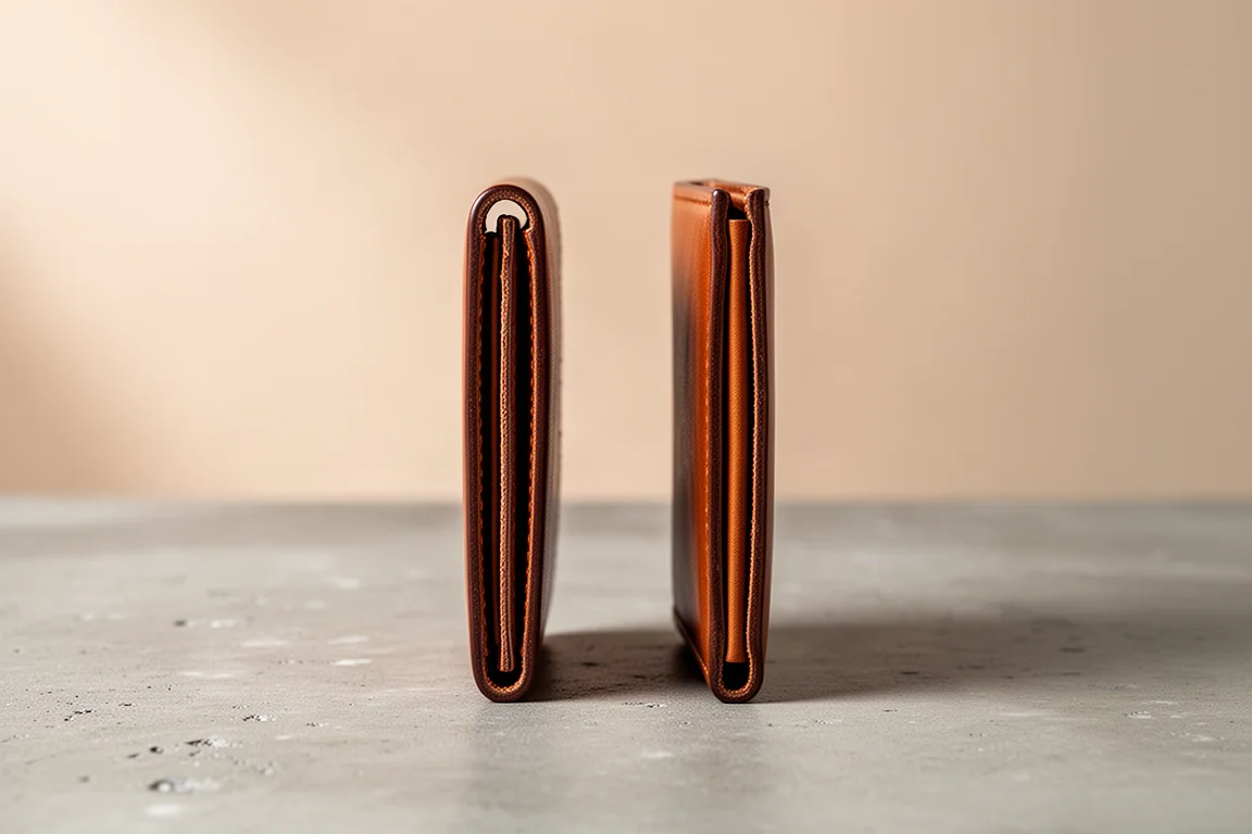 Two very thin leather wallets side by side showing the difference in thickness