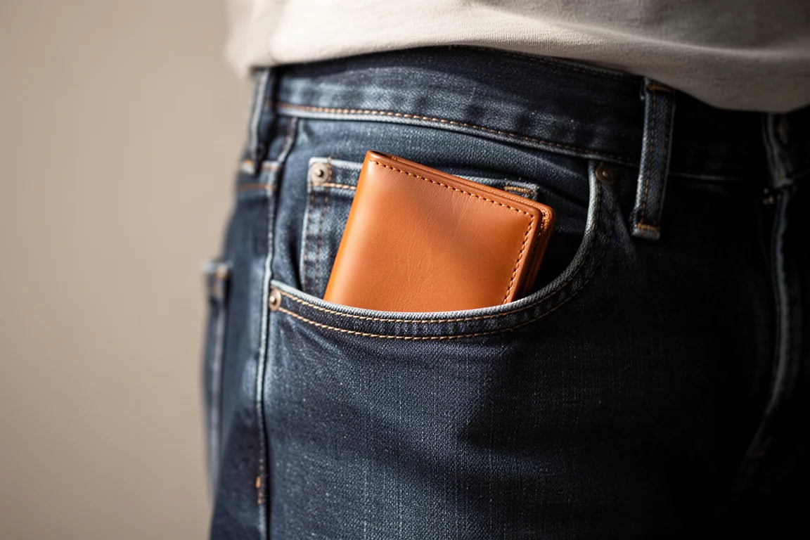 Slack of flat folded leather wallets resting in a jacket pocket edge