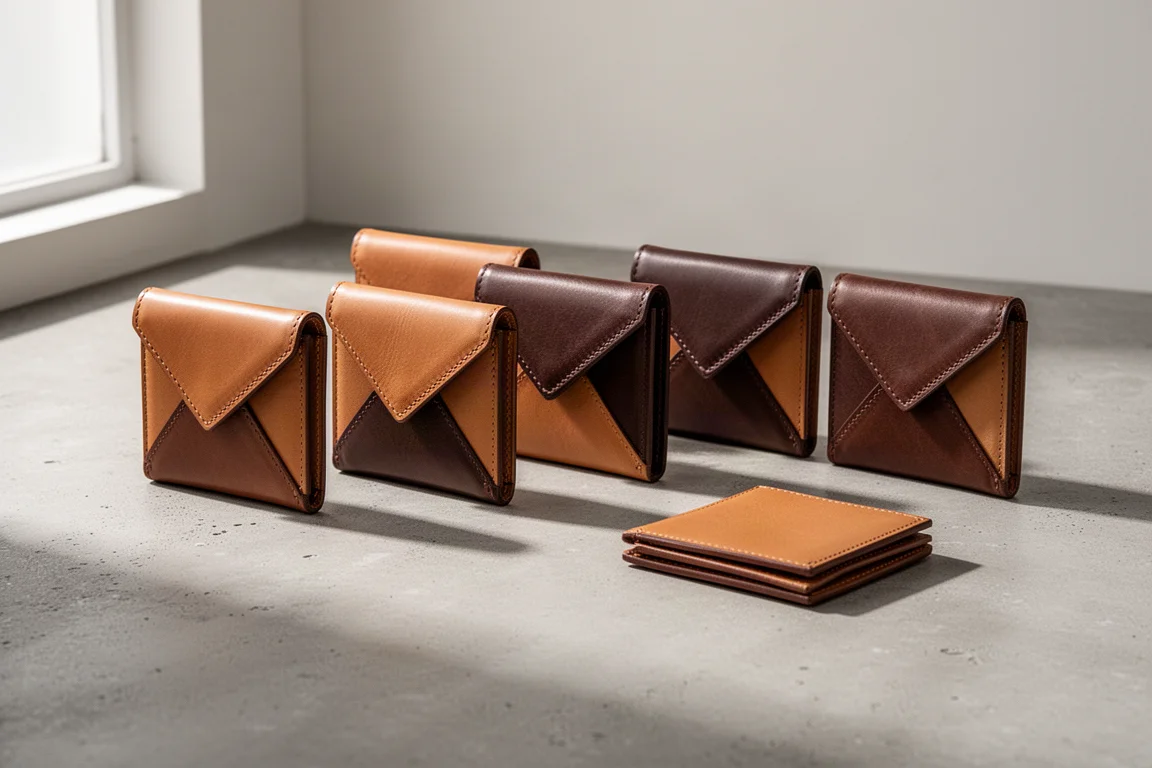 Six envelope-style leather wallets in tan and brown tones arranged on a concrete surface