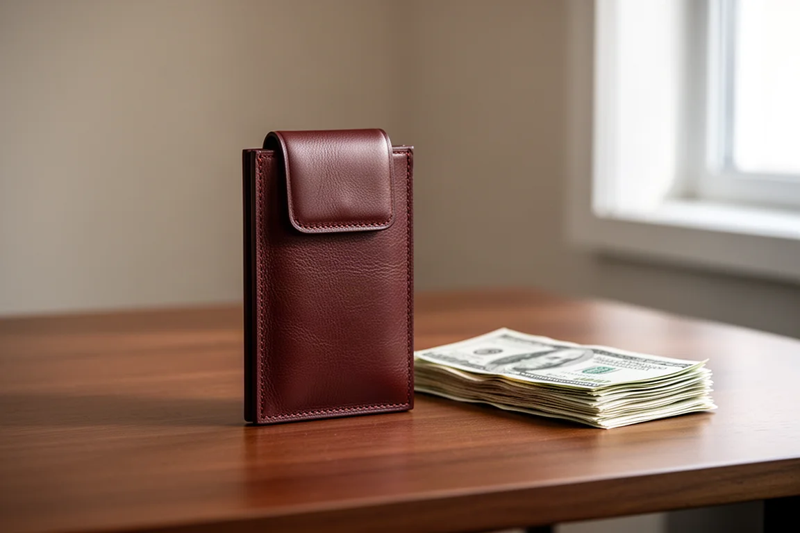 Portefeuille vertical compact en cuir avec rabat replié posé sur un bureau en bois