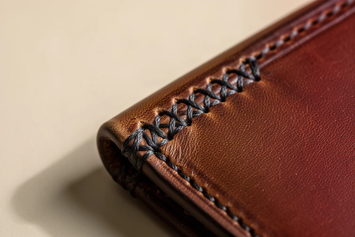 Gros plan sur les coutures croisées du bord d'un portefeuille en cuir marron