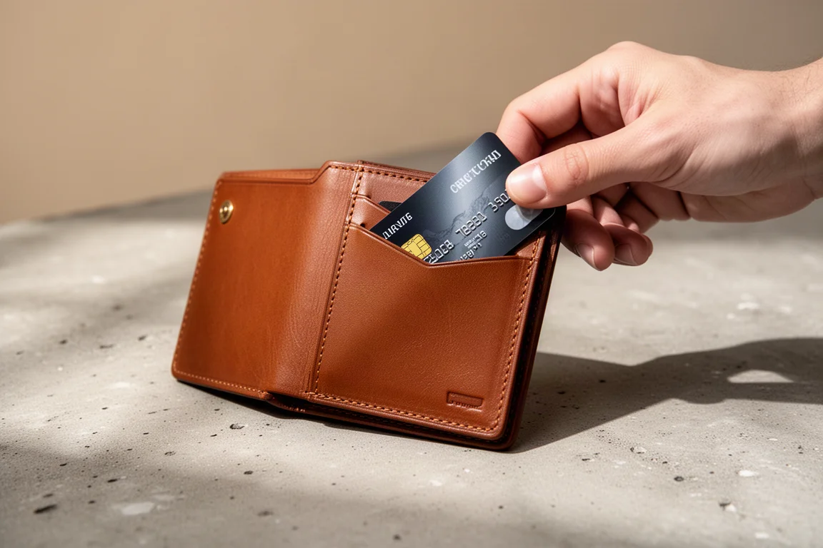 Main tirant une carte de la poche à accès rapide à l'arrière d'un portefeuille