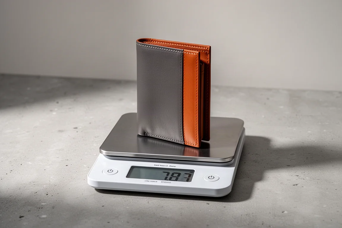 Portafoglio in pelle su una bilancia digitale che indica 58 g