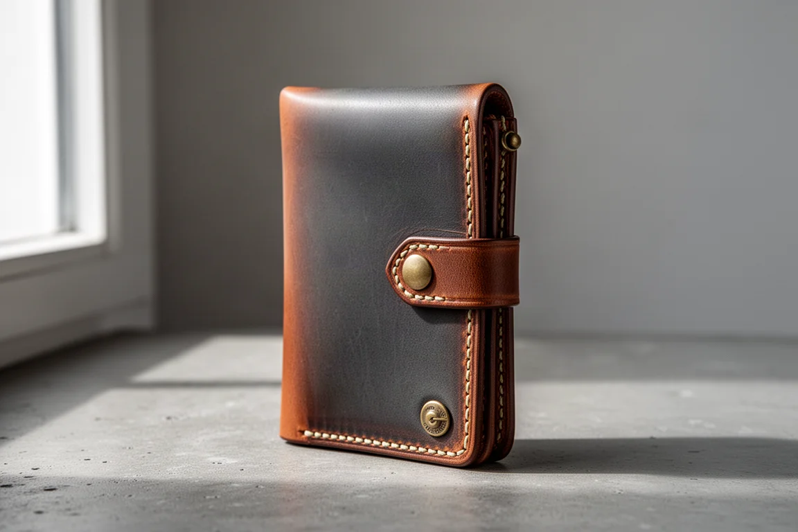 Charcoal and sierra handmade vertical leather wallet with khaki stitching on a concrete surface
