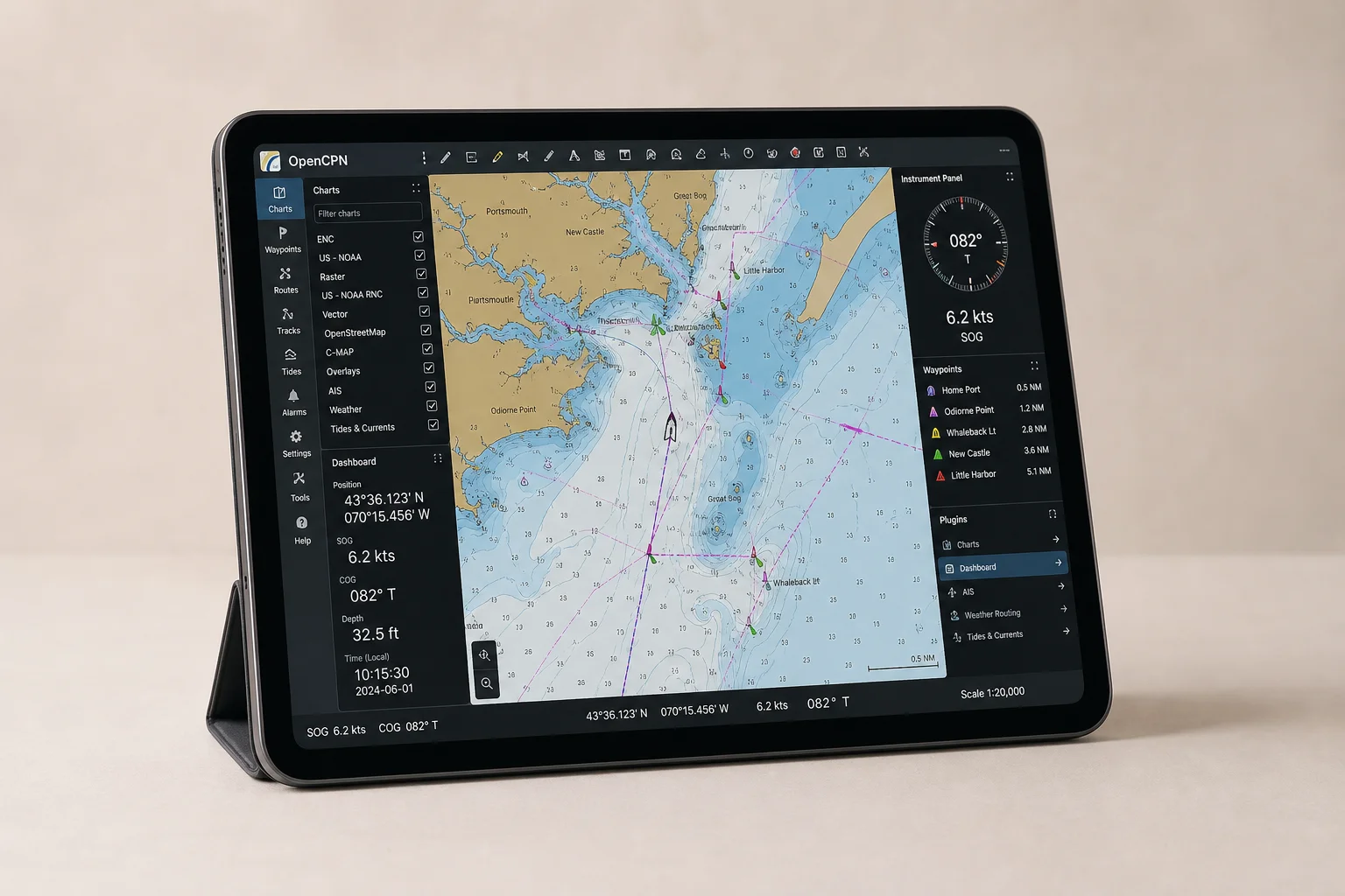 Tre dispositivi mobili che mostrano diverse interfacce di app per plotter nautici con carte di navigazione