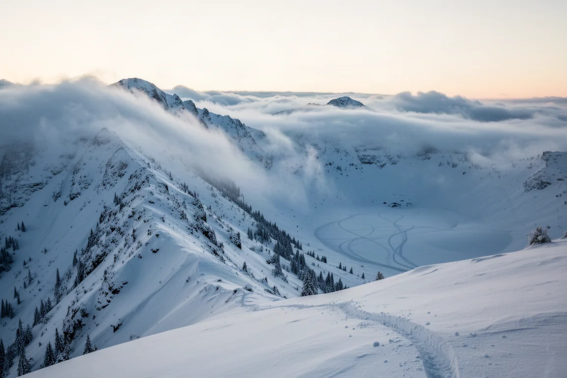 Frischer Pulverschnee bedeckt eine Alpengratlinie beim ersten Licht