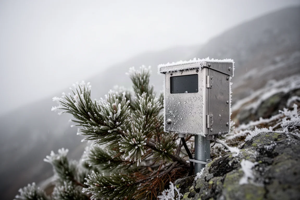 Raureifüberhafteter Wettersensor auf einer verschneiten Bergfläche