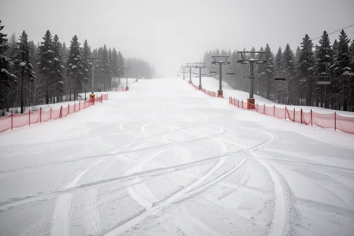 Verspurter Pulverschnee auf einer Skipiste mit leeren Liftpylonen in weichem grauem Licht
