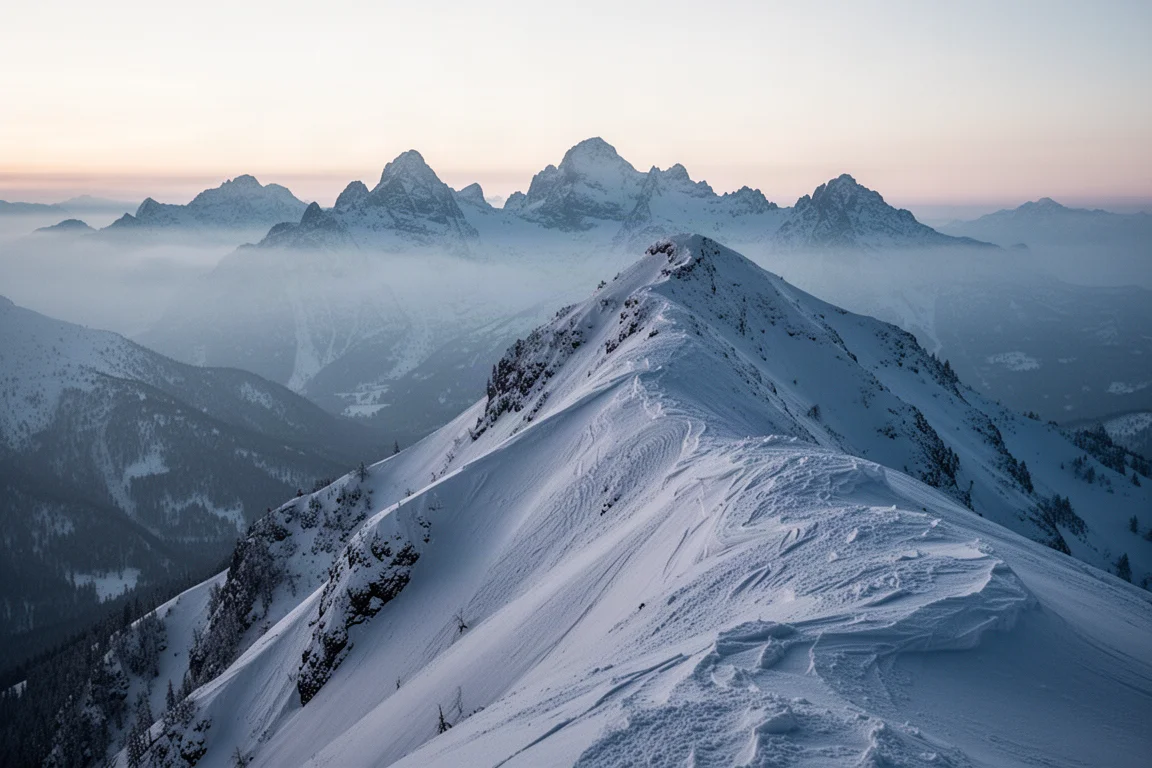 Snow-covered alpine ridge line layered into dawn haze after heavy snowfall