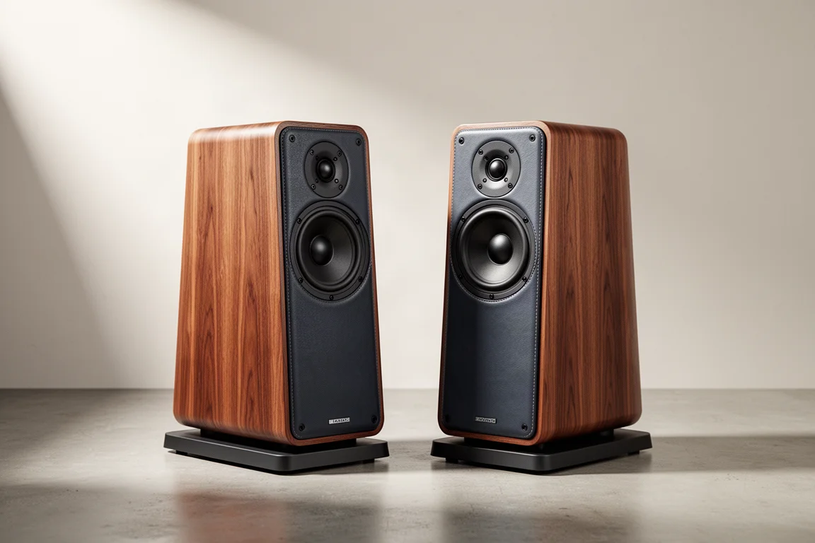 Pair of Opera Classica Prima V2 standmount speakers with veneered sides and leather-look baffles