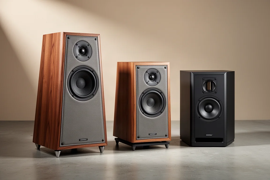 Three bookshelf speakers of different sizes on stands in a neutral studio setting