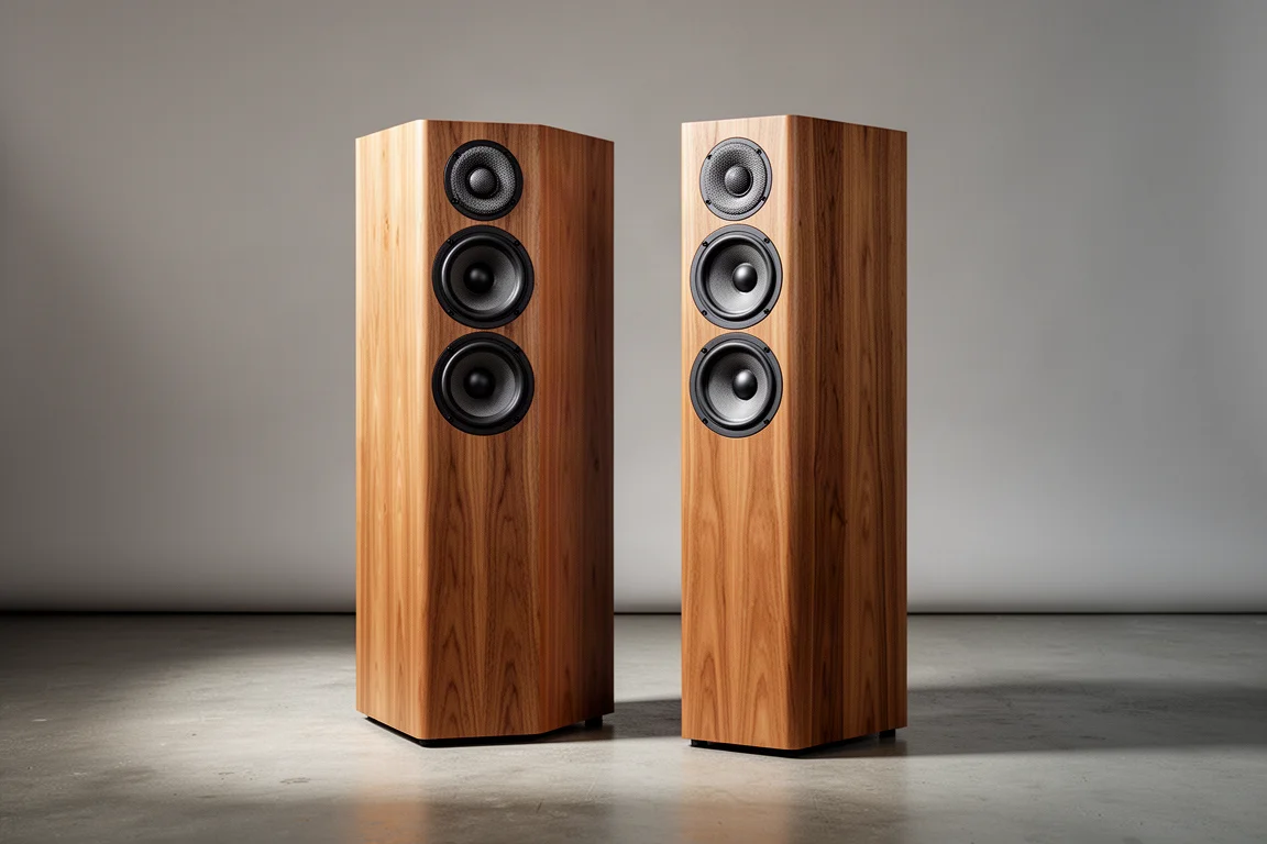 Two slim wood-veneer floorstanding speakers with mid-woofers and dome tweeters on a concrete floor