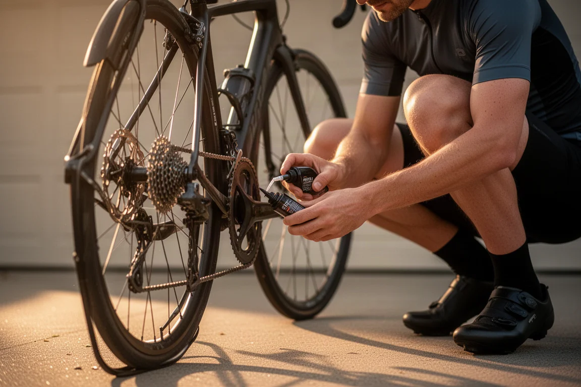 Cyklist på huk vid en cykel som smörjer kedjan i gyllene kvällsljus