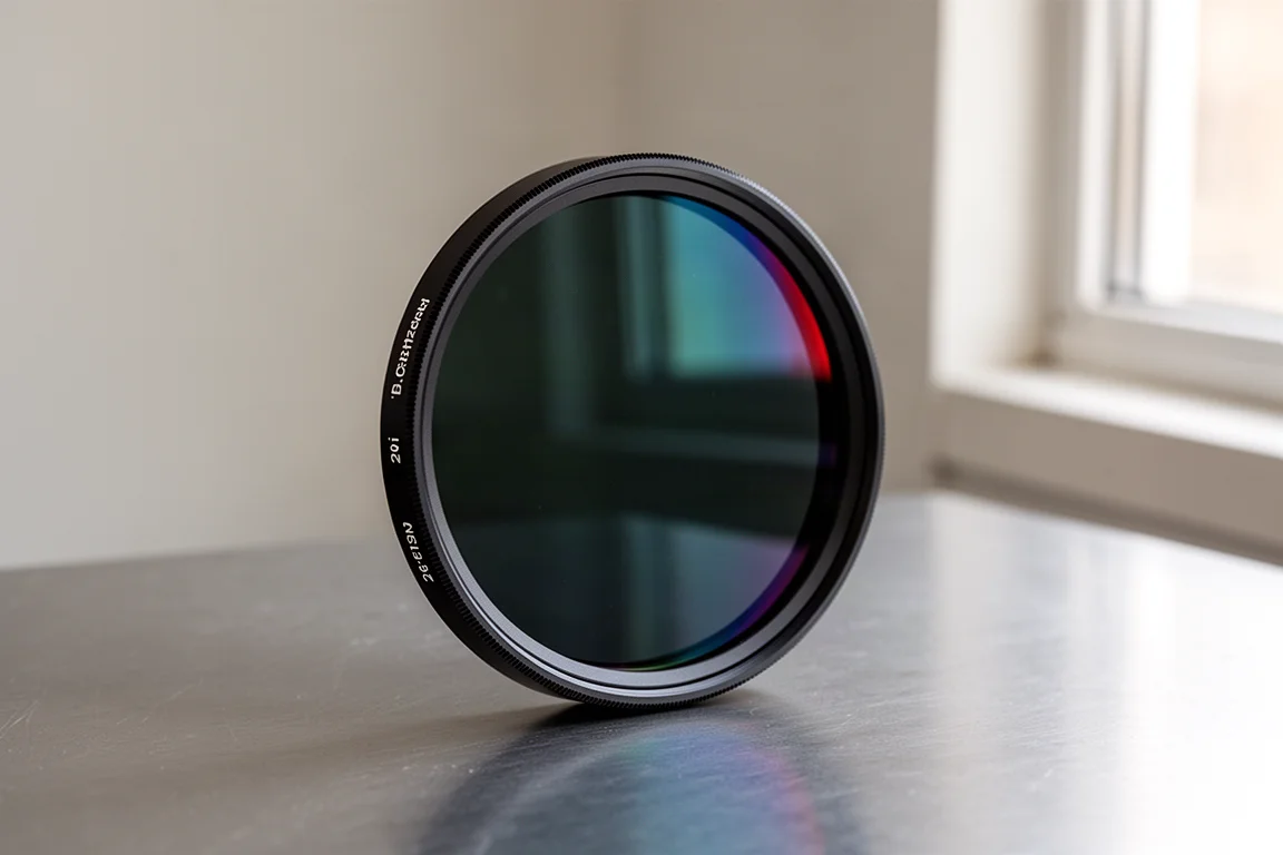 SVBONY SV220 3nm天体用フィルター。マットブラックの表面に虹色のガラス反射が映る