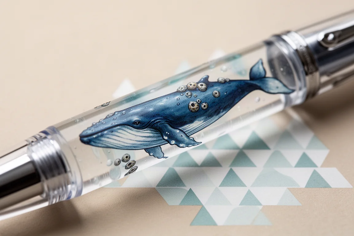 Illustrazione della balena sul barrel di una penna stilografica traslucida sotto una luce soffusa