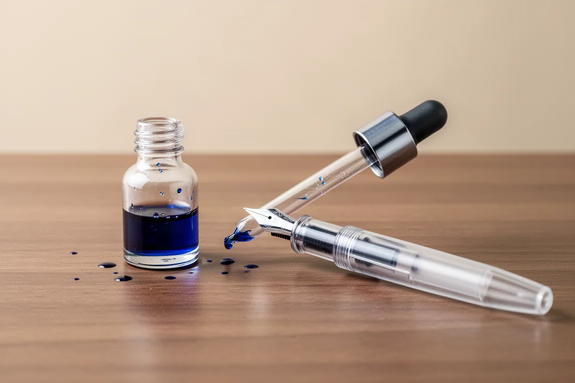 Pipetta di vetro e inchiostro aspirati accanto al barrel di una penna stilografica