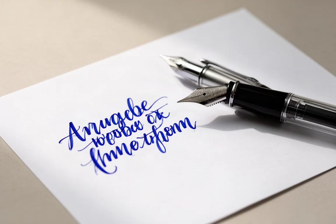 Campione scritto a mano con penna stilografica in inchiostro blu su carta bianca