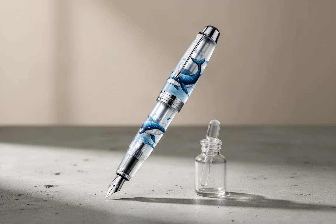 Translucent whale-themed fountain pen with glass eyedropper on concrete surface