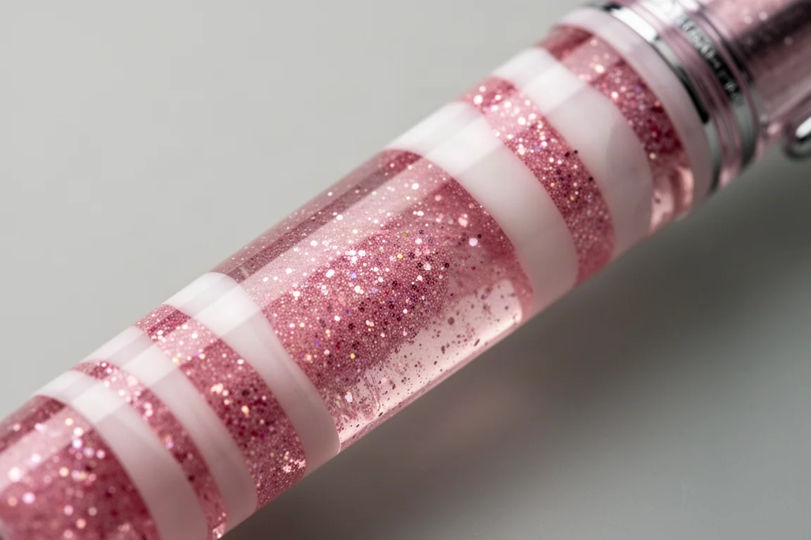 Dettaglio della resina rosa traslucida scintillante con fasce di shimmer concentrate