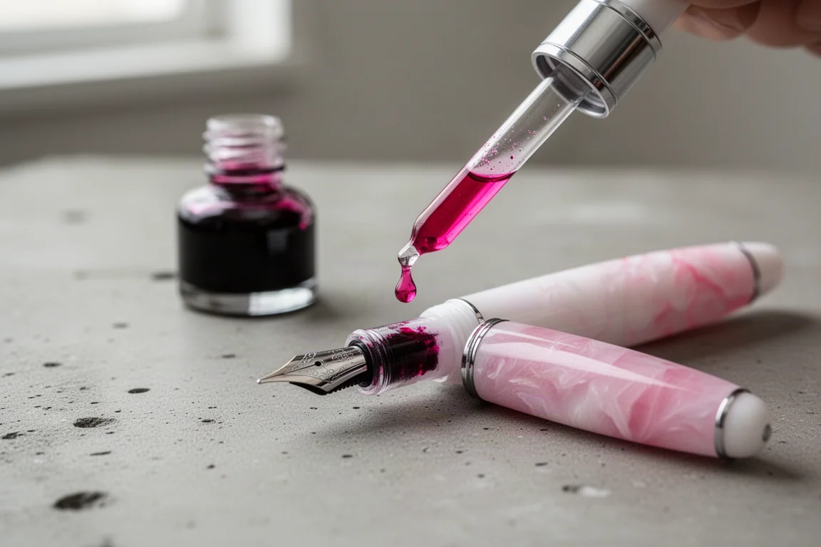 Pipetta in vetro che aspira inchiostro rosa per penna stilografica accanto al barrel