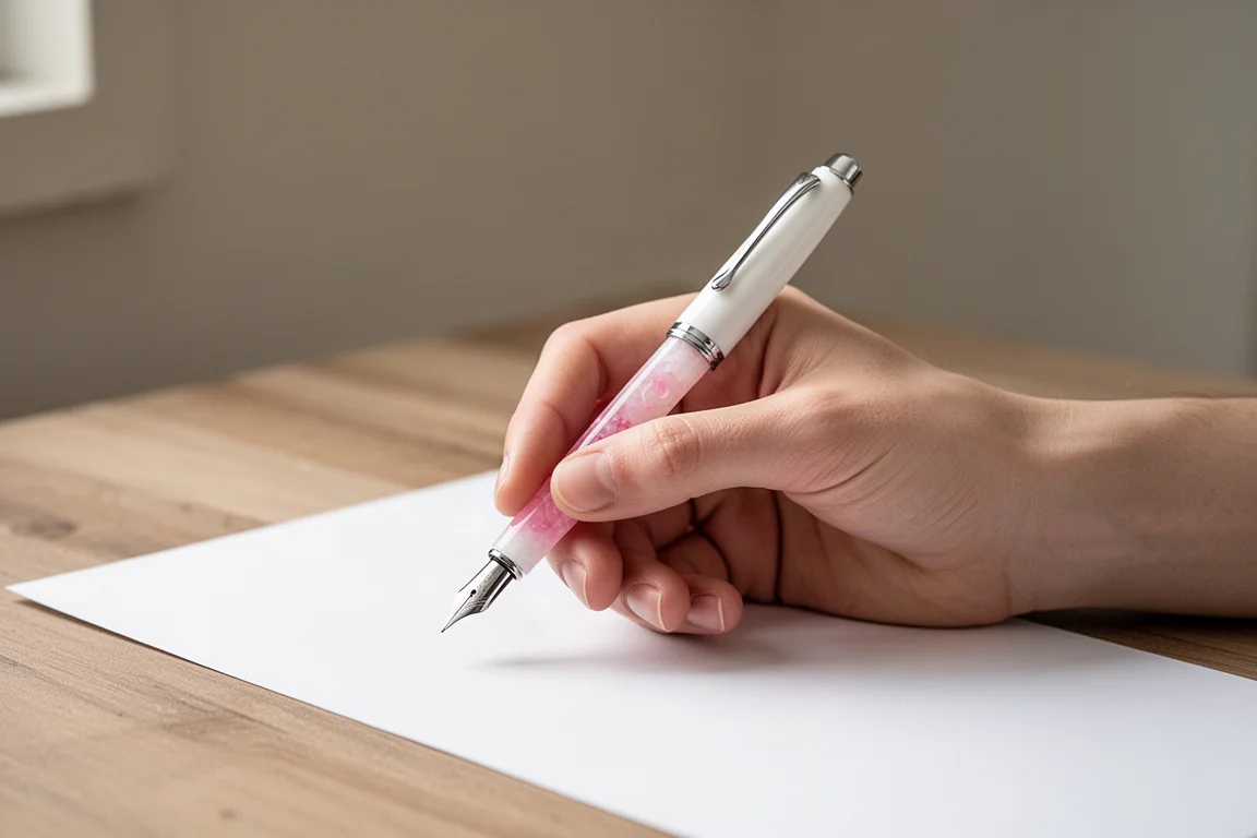 Penna stilografica bilanciata comodamente in una mano che scrive su una scrivania