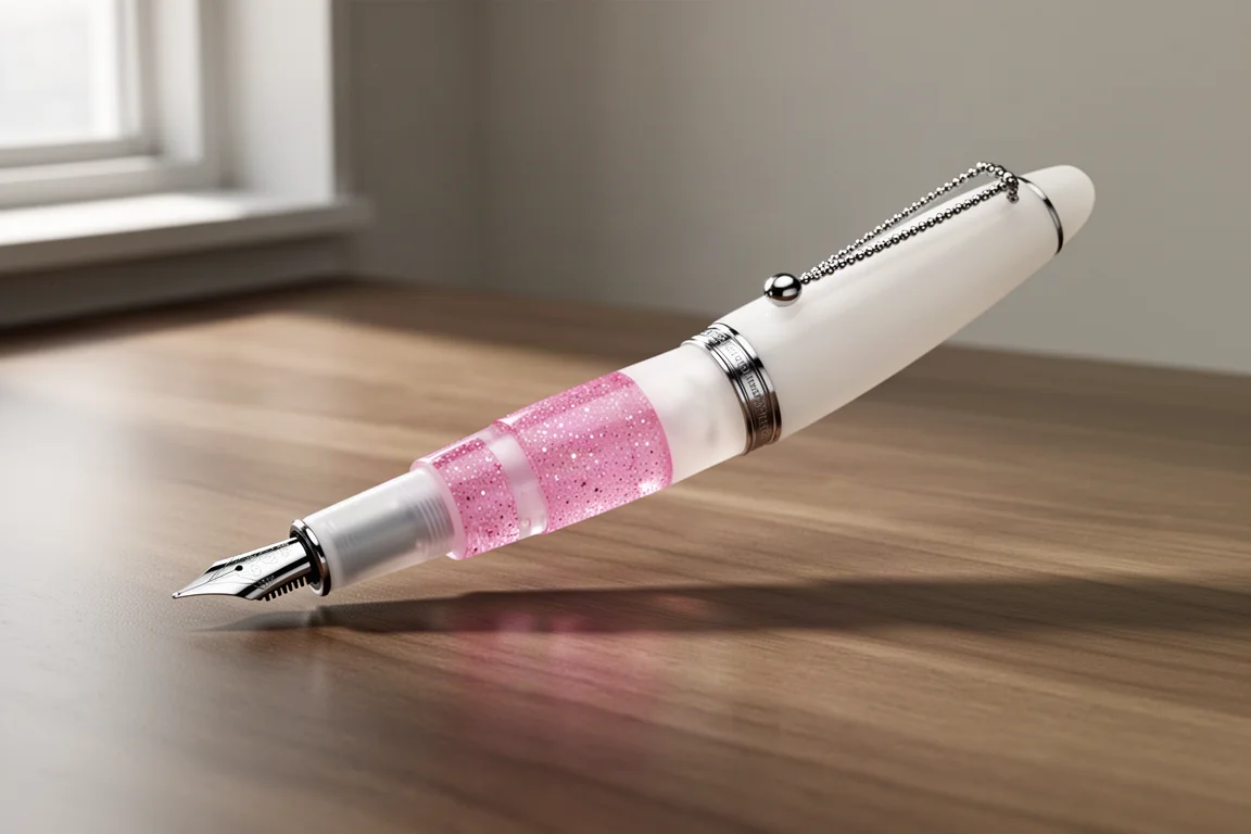 Penna stilografica Opus 88 Coloro Pink and White con resina rosa scintillante su una scrivania in legno