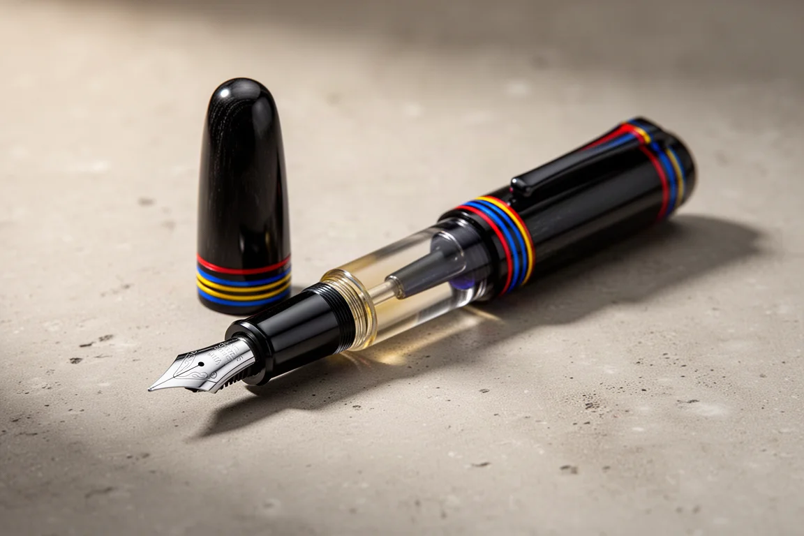 Blue Opus 88 Fantasia pocket fountain pen with an eyedropper on a wooden desk