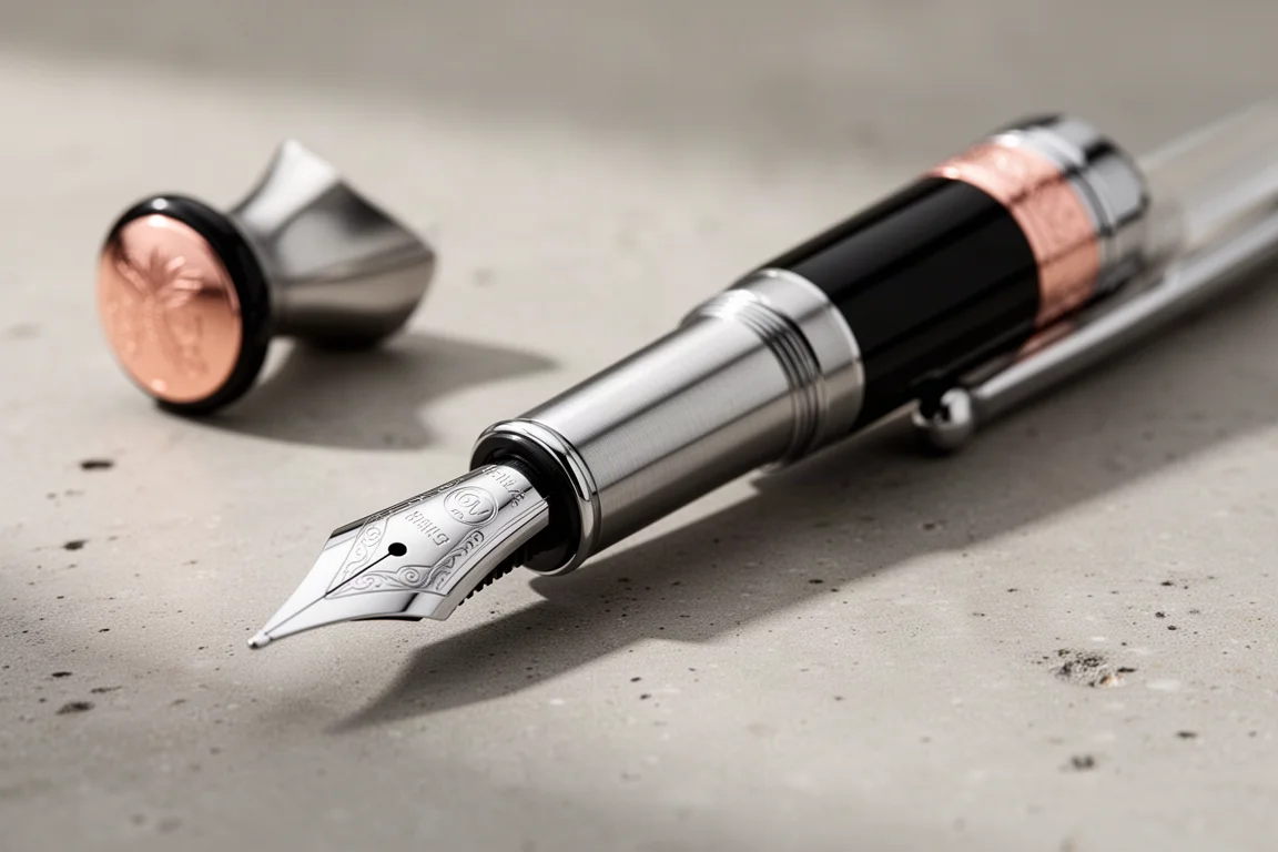 Détail de la plume et du grip du stylo plume avec pommeau noir et clip