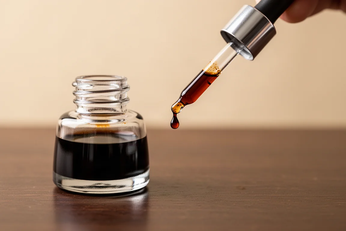 Eyedropper en verre aspirant de l'encre marron depuis un petit flacon