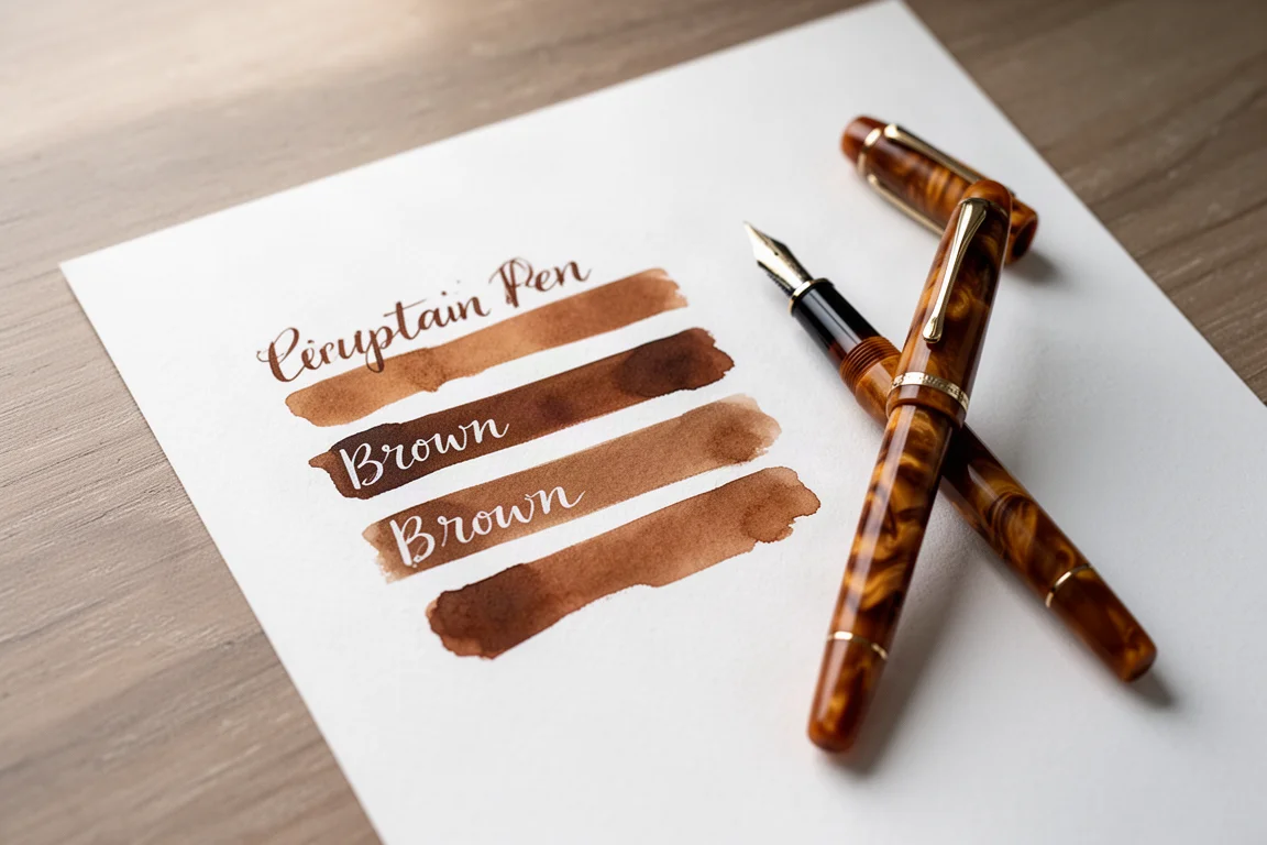 Échantillons manuscrits d'encres marron sur papier blanc