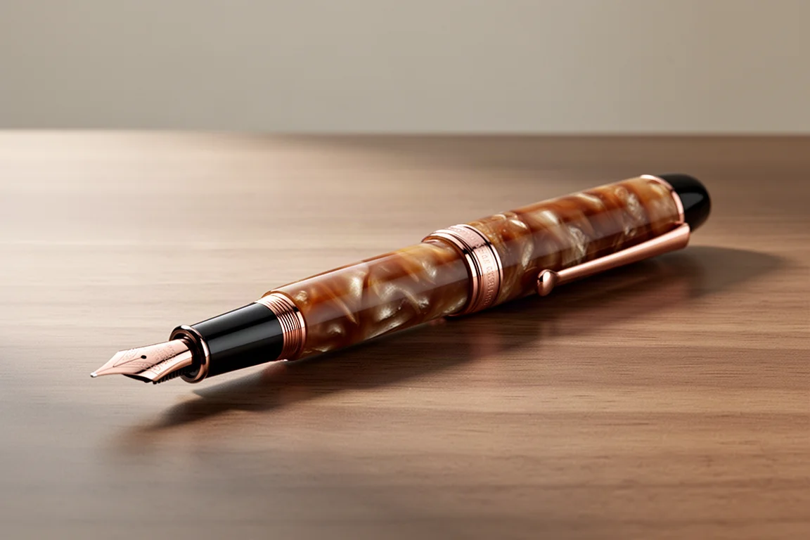 Brown pearlescent marble fountain pen with rose gold trim on a wooden desk