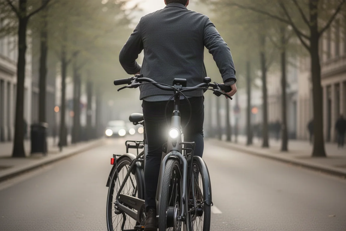 柔らかな朝の光の中、静かな通りを統合型電動シティバイクで走る通勤者