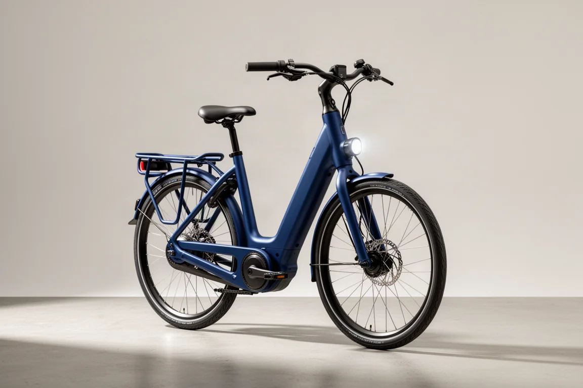 Bici elettrica da città a telaio basso integrata con trasmissione a cinghia e portapacchi posteriore su sfondo grigio