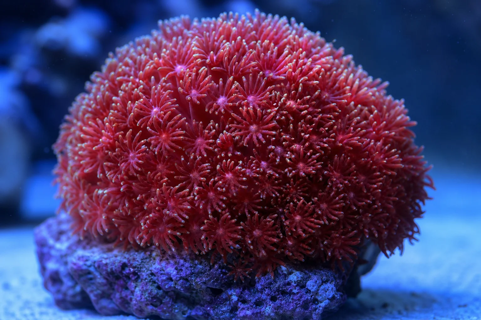 Colección de corales de arrecife desafiantes, incluyendo acropora roja, coral plato, coral antorcha y gonipora
