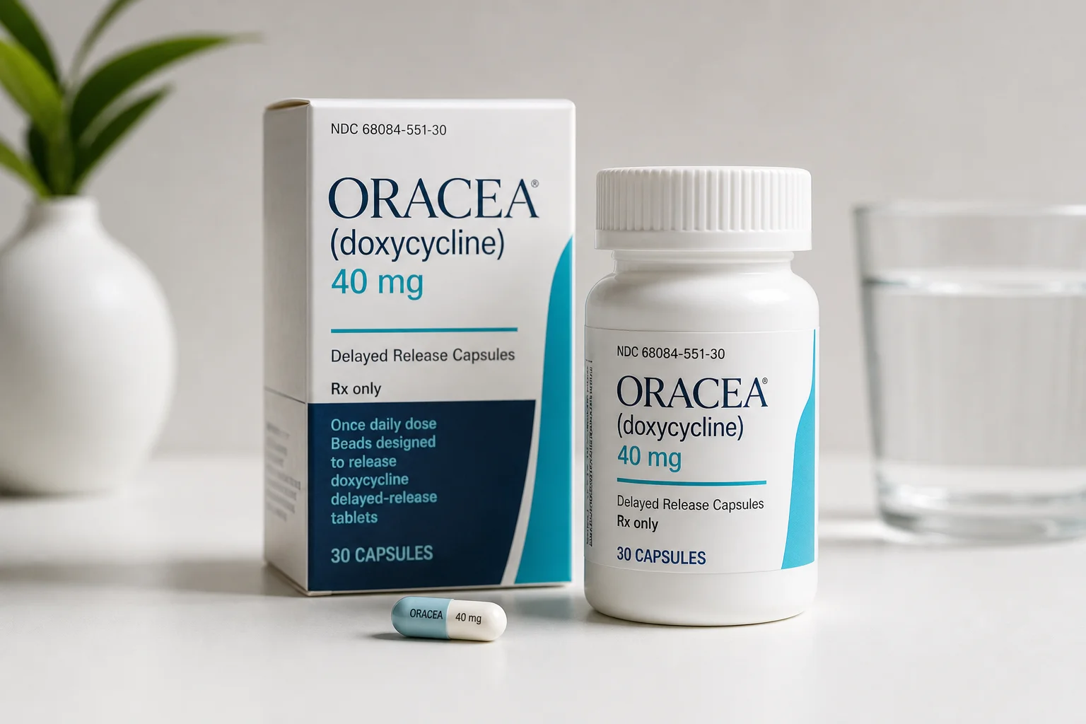 Rosacea treatment products arranged on marble surface with soft lighting